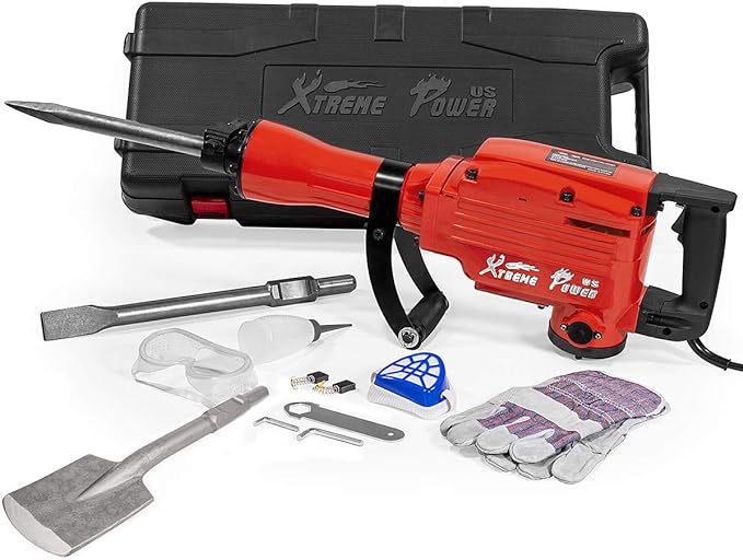 XtremepowerUS 2200W Electric Demolition Jack Hammer Concrete Floor Demo Breaker Cement Breaker Floor Drill DIY (Point Bull, Chisel & Shovel Bits) w/Carrying Case