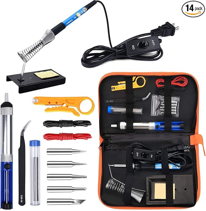 Soldering Iron Kit Electronics, 60W Adjustable Temperature Welding Tool, 5pcs Soldering Tips, Desoldering Pump, Soldering Iron Stand, Tweezers