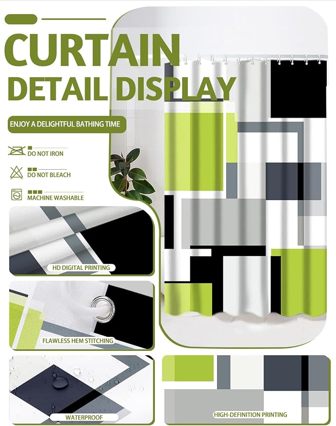 Lnond Green Bathroom Set, 22-Piece Green Black Geometry Bathroom Decor Set with with Shower Curtain and Rugs, Trash Can, Toilet Brush Holder Set & Soap Dispenser