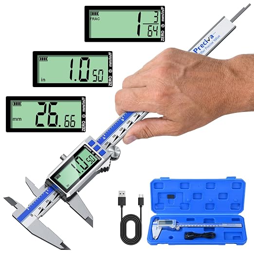 Preciva Digital Caliper 8 Inch, Rechargeable Stainless Steel Vernier Caliper with Large Display, Auto Off, Precision Inch/mm/Fraction Measuring Tool for DIY/Household/Woodworking