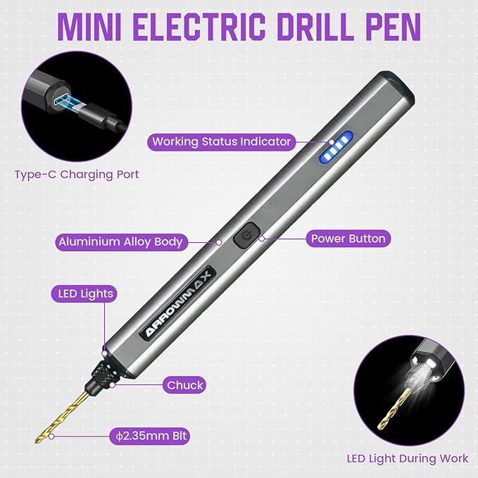 Mini Electric Drill Pen, 13 in 1 with Aluminium case, Rechargeable, 900 RPM, Needle Vise Hand Drill Kit, 10 HSS Bits, DIY, Wood, Jewelry Making (SDS MINI)