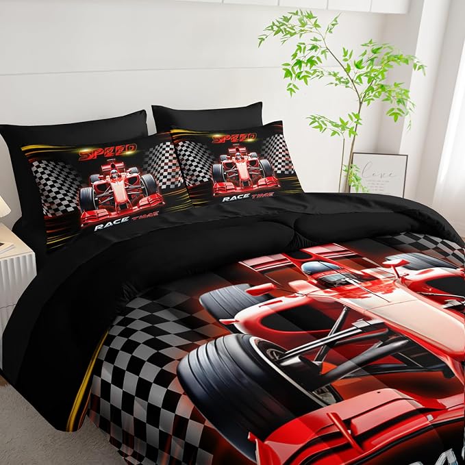 Red Race Car Comforter Set Queen Size,Black White Checkered Racing Flag Bedding Set for Kids Boys Room Decor,7Pcs Cool Sports Themed Bedding with Comforter,Fitted Sheet,Flat Sheet,Pillowcases.