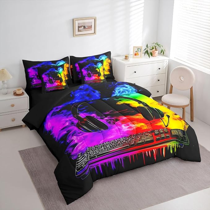 Erosebridal Gaming Keyboard King Size Comforter Set with Sheets | Gaming Headphones 7-Piece Bedding Set Watercolor Smoke Fire Bed in a Bag, Gamer Headset Bed Sets