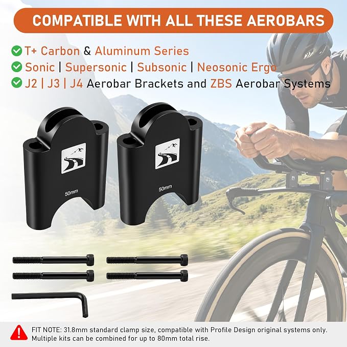 50mm Aluminum Aerobar Riser Kit, Clip On Aero Bars Armrest Handlebar Spacers for Road Bike Triathlon and Time Trial, Compatible with Profile Design 31.8mm Clamp, with M5 & M6 Mount Bolts