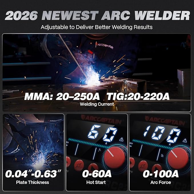 ARCCAPTAIN 250A Stick Welder, 230V Arc Welder Machine with 10PCS Rods, MMA/Lift TIG Welding Machine with Synergic Control, IGBT Inverter, Hot Start, Arc force, and Anti-Stick, Portable Welder ARC250
