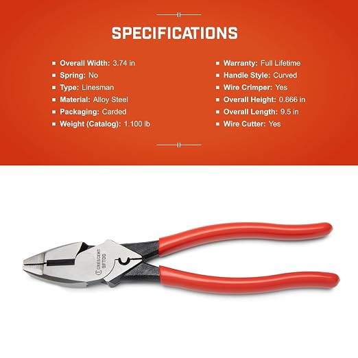 Crescent 9FTDG Linesman Wide Fish Tape Puller Dipped Plier, 9.5" Size