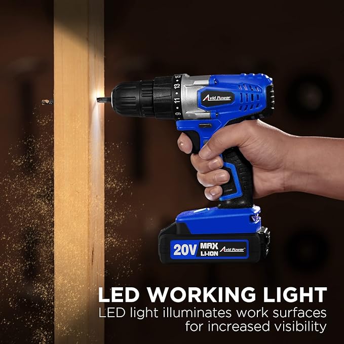 AVID POWER 20V Cordless Drill Set for Home DIY & Beginner Projects - Lightweight Power Drill with Battery Charger & 22 Bits, Variable Speed, 3/8" Keyless Chuck, Ideal for Furniture Assembly (Blue)