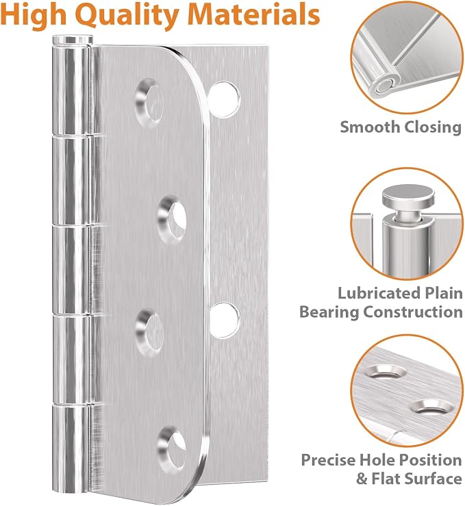 24 Pack Brushed Nickel Door Hinges, 4 Inch Heavy Duty Hinges with 5/8" Radius & Square Corners, Satin Finish, Removable Pin, Quiet for Interior & Exterior Doors