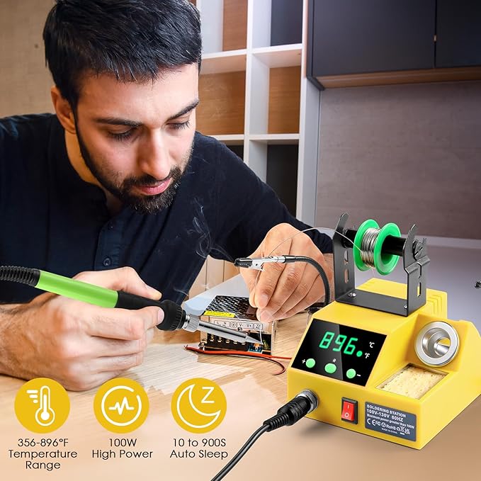 Soldering Station, 100W Digital Display Soldering Iron Station Kit with 2 Helping Hands, 356°F - 896°F, Auto Sleep, °C/°F Conversion, Solder Wire, Tips, Stand, Pump, Tweezers, Tip Cleaner, Yellow