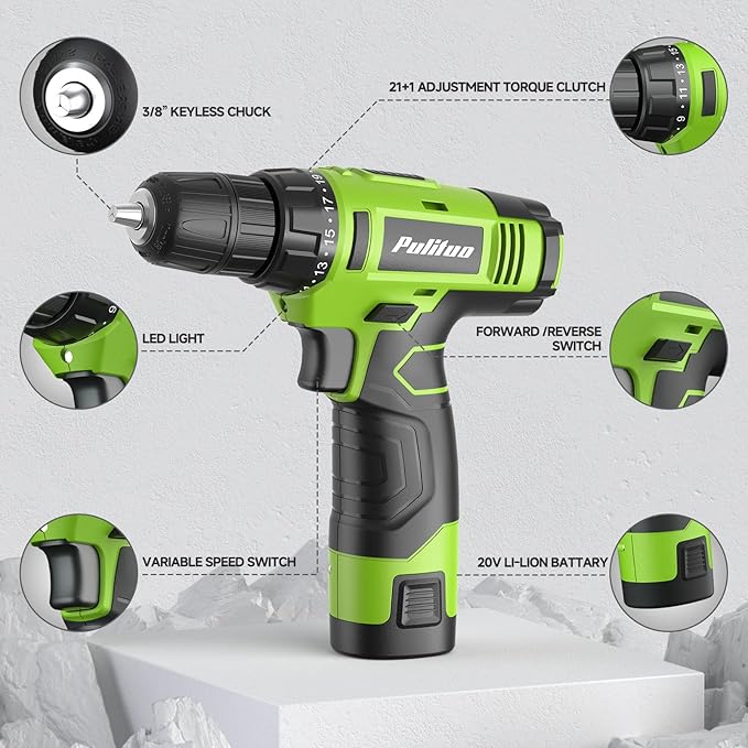 PULITUO Drill Set, 149-Piece Home Tool Set with 12V Green Cordless Drill, ToolBox, Hand Tool Kits for Women Men, DIY Enthusiasts for Home Improvement.
