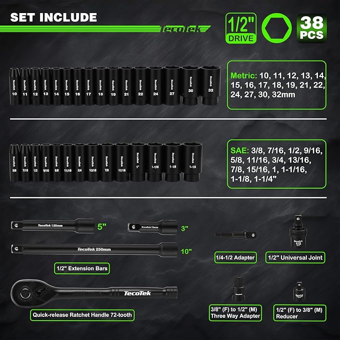 TecoTek 1/2" Drive Deep Impact Socket Set, 38-Piece Socket Set SAE 3/8 to 1-1/4 inch and Metric 10-32mm Size, Includes Extension Bars, Universal Joint, Adapter and Ratchet Handle, 6 Point, Cr-V Steel