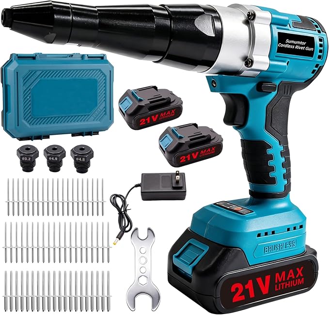Cordless Electric Rivet Gun Tool, 21V Brushless Power Rivet Gun Kit with 2×2.0Ah Batteries & Charger, Automatic Pop Rivet Gun for 1/8", 5/32", 3/16" Rivets, Ideal for Auto Repair, Construction & DIY