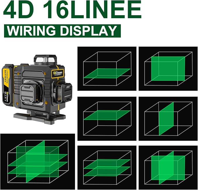 Gisam Laser Level with Tripod- 360° Rotating Window, Lazer Leveler Tool with Pulse Mode, 4D 16-Line Self Leveling Green Lazer Level with 2 * 4800mAh Batteries for Construction Tiling Home Renovation