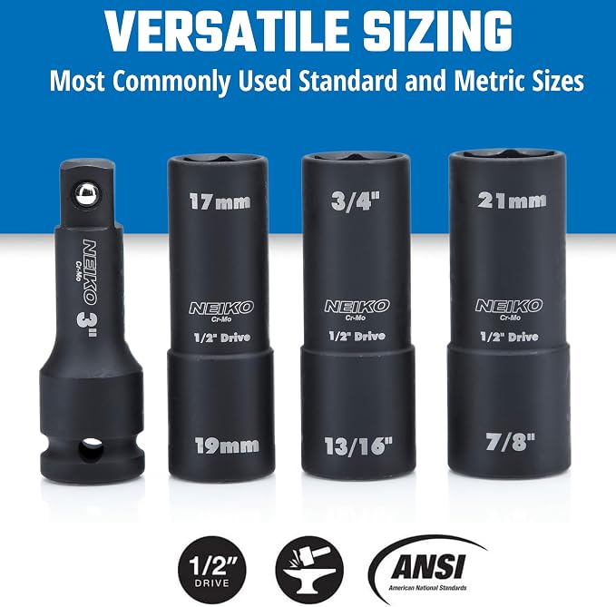 NEIKO 02281B 1/2" Drive Impact Flip Socket Set, Thin Wall Socket, 4 Piece Lug Nut Impact Socket Set, SAE and MM, 3” Extension Bar, Cr-Mo Steel, Impact Lug Nut Socket Set