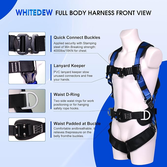 Fall Protection Premium Safety Harness with Shock Absorbing Lanyard, Vented & Padded Shoulder, Legs & Back - Upgrade 4 Quick Buckles (Blue)