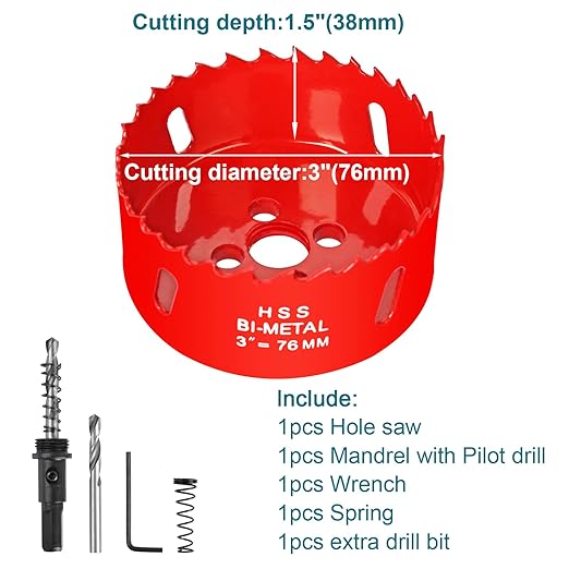 3 Inch / 76mm Hole Saw for Wood, Plastic Board, Ceiling,Drywall, and Metal Sheet - HSS Bi-Metal Hole Cutter with Pilot Drill Bit