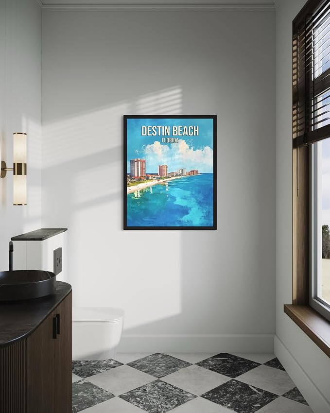 Destin Beach Florida Wall Art Print Poster, US Vintage Retro Beach Scenery Posters Prints for Restroom Home Picture Painting Artwork Gallery 219 (Destin Beach Florida, 16 x 20 inches, Black Frame)