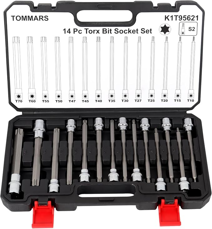 TOMMARS 14-PC Long Torx Bit Socket Set | T10, T15, T20, T25, T27, T30, T35, T40, T45, T47, T50, T55, T60, T70, 3/8", 1/2" Drive, S2 Alloy Steel
