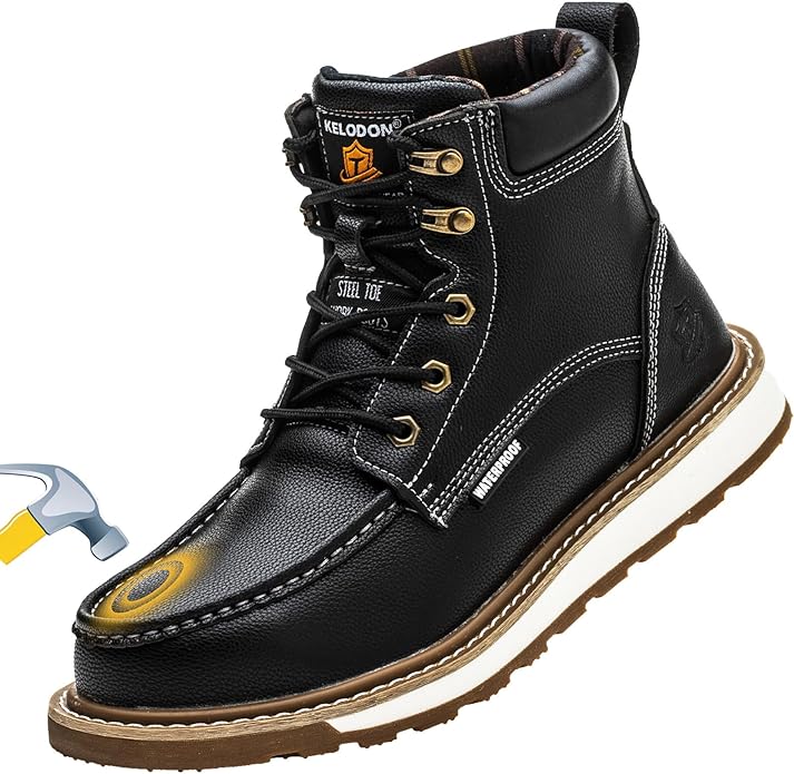 KELODON Waterproof Steel Toe Boots For Men-6" Leather Moc Toe Work Boots Mens Steel Toe Shoes Indestructible Non Slip Resistant Construction Safety Boot