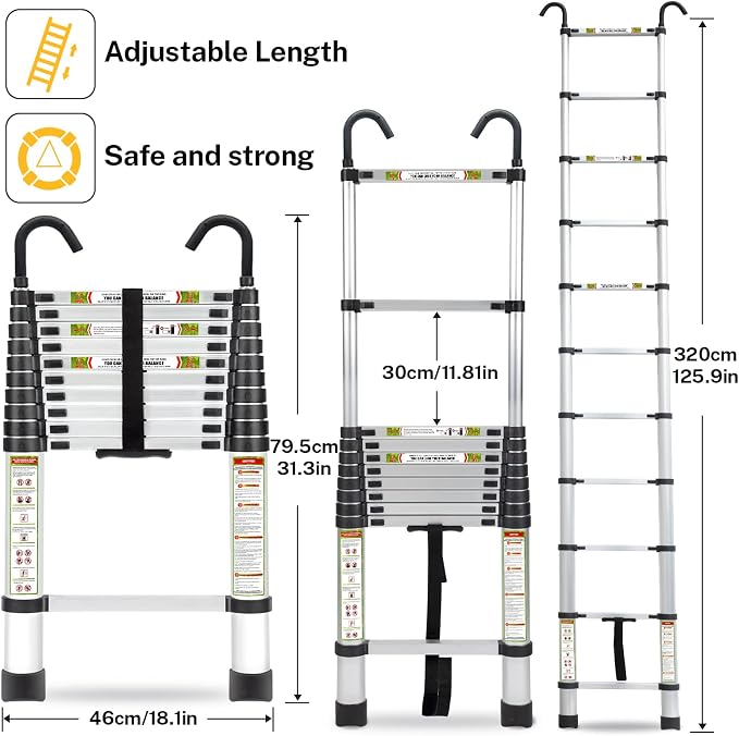 RIKADE Telescopic Ladder, 10.5 ft Aluminum Telescoping Ladder with Non-Slip Feet and Stable Hook, Portable Extension Ladder for Household and Outdoor Working, Max Load 330 lb, Aluminum