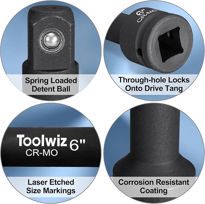 Toolwiz 3/4" Drive Impact Extension Bar 4", 6", 10" (3 Piece) Cr-Mo Steel | Expand Range of Impact Drivers, 3/4 inch Ratchet Wrench Extension Bar Socket Set Organized in Heavy Duty PVC Box, Black