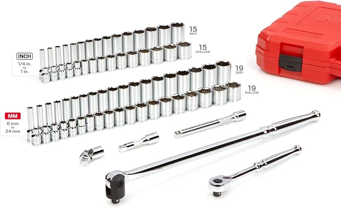 TEKTON 3/8 Inch Drive 6-Point Socket and Ratchet Set, 73-Piece (1/4-1 in., 6-24 mm) | SKT15311 | (1/4 - 1 in., 6 - 24 mm), Shallow and Deep, Case