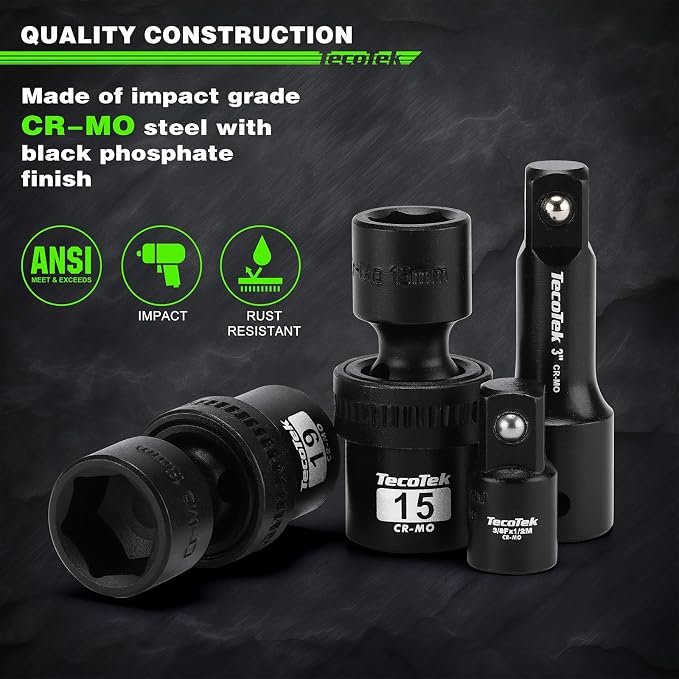 TecoTek 19 PCS 1/2" Drive Shallow Universal Impact Socket Set, Swivel Socket Set, Metric Socket Set with Flexible Wobble, 10-24mm, Cr-Mo Steel, Includes Extension Bars and Adapter