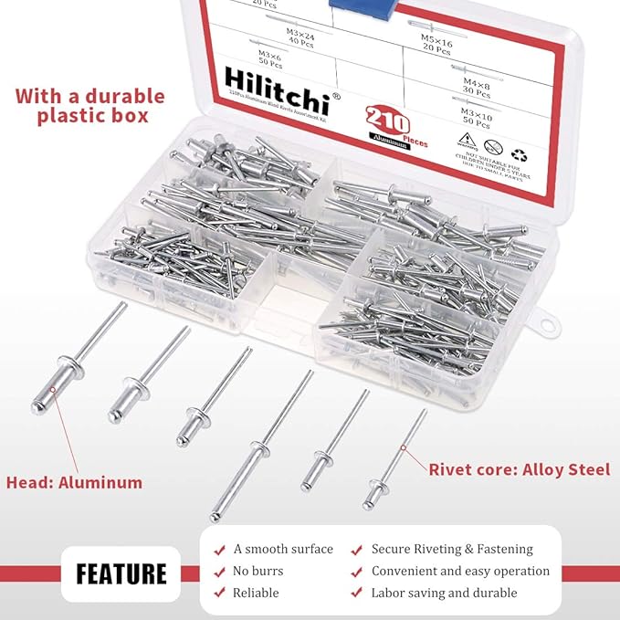 Hilitchi Professional Rivet Gun Adapter Kit with 210Pcs M3 M4 M5 Aluminum Assorted Rivets, 4Pcs Different Matching Nozzle Bolts, Wrench and Clamping Fixture for Cordless Drill, Sheet Metal Work