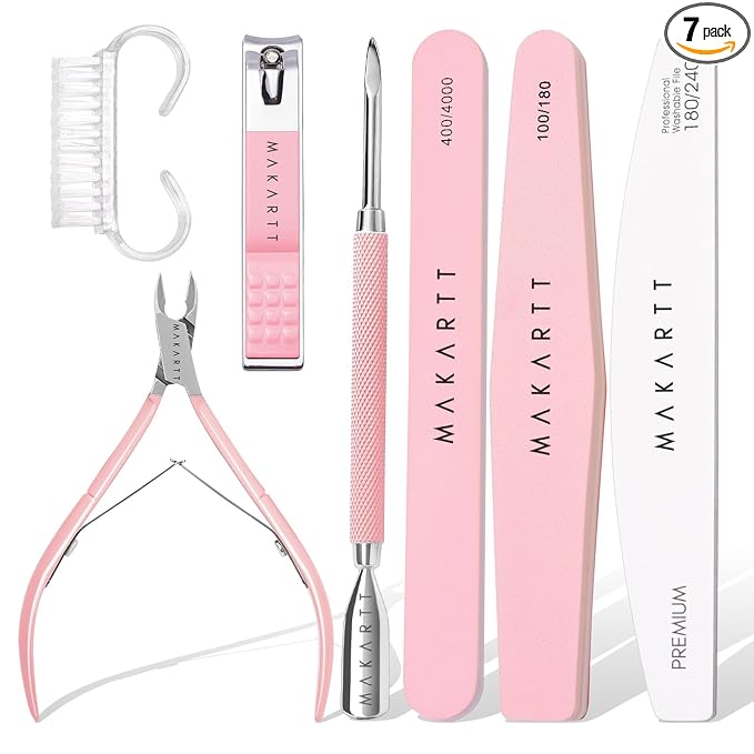 Makartt Nail File and Buffer Set, Pink Basic Prep Kit with Cuticle Clipper, Trimmer, Pusher, Brush, Manicure Care Kit for Natural and Acrylic Nails (7pcs)