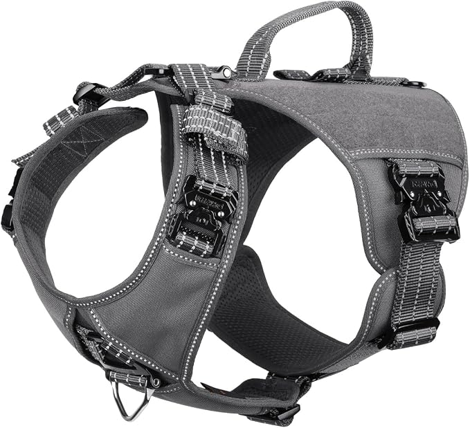 ICEFANG Quick-Moving Tactical Dog Harness X-Large Dogs,No Pull Dog Vest | Control Handle,Reflective,Full Metal Buckles,Adjustable,Hook-and-Loop Panel,Soft Padded,Grey,X-Large