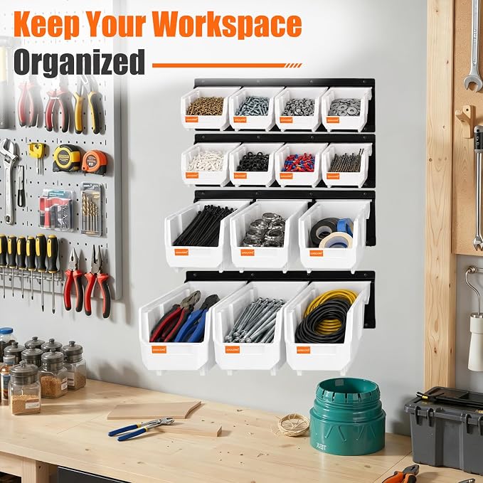 14pc Wall-Mounted Organizer V1 V2 V3 Master Combo Set White | Heavy duty metal rails multi-size bins master set for garage screws, tools, batteries & wrenches.