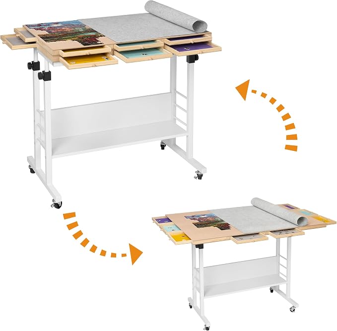 Tektalk 2000 Piece Foldable Puzzle Board with Height Adjustment, Jigsaw Puzzle Table with 2 Felt Cover & 8 Sorting Trays/Drawers, Puzzle Easel with Legs, Enclosed with 4 Roller Wheels (White)