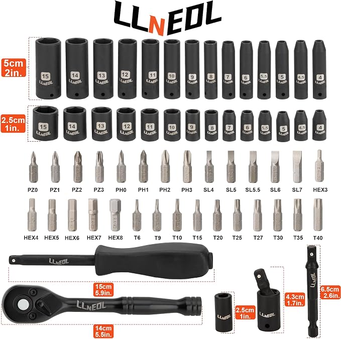 LLNEDL 1/4" Impact Socket Set, 63Pcs Drive Wrench Set Metric | Deep and Shallow 6 Point, Automotive Tool Kit with 72T Ratchet for Bicycle & Car Repairing