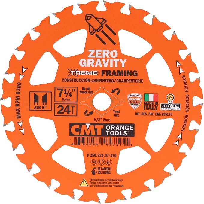 CMT Orange Tool 250.324.07-X10 FRAMING Zero Gravity 7-1/4”x5/8”, 10 Pack | Zero Gravity Framing Design | Framing | Construction | Wood Cutting Applications