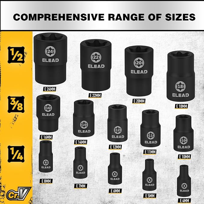 17-Piece Inverted E-Torx Socket Set - Premium Impact Cr-V Steel E4 - E24 Star Female Sockets for Impact Wrench 1/2 3/8 1/4 Drive Precision Torque Kit with Storage Case