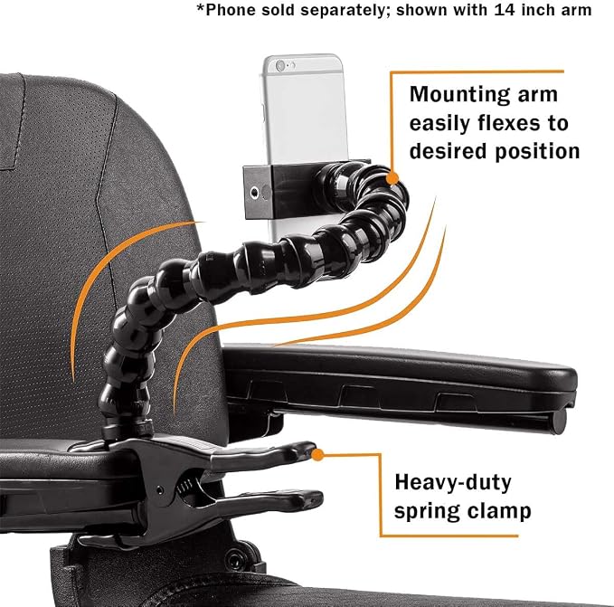 MOGO ModularHose Assistive Technology Phone Holder with Heavy-Duty Spring Clamp (Opens to 2"), 14 Inch Arm