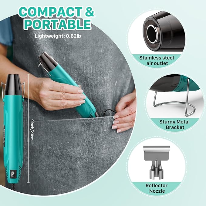 SEEKONE 350W Mini Heat Gun, Dual-Temp Model 500℉ & 842℉（260℃ & 450℃）Fast Heat Hot Air Gun with Overheat Protection and Reflector Nozzle for Heat Shrinking Tubes, Shaping, PVC Tubing（4.9FT）