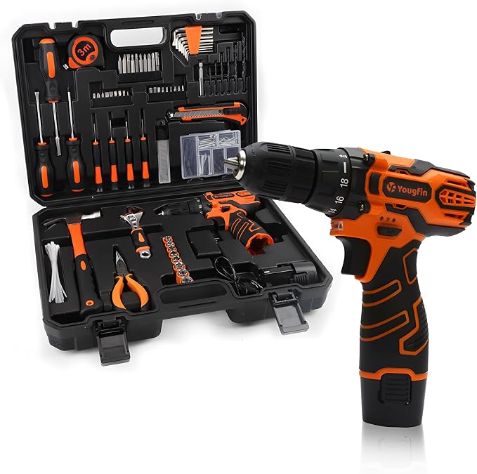 12V Cordless Drill Set, Home Tool Set with Cordless Drill for Men, Power Drill Box with 195 Pieces Household Hand Tools for Office (with 2.0Ah Battery & Charger)