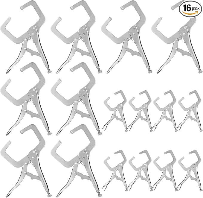 Yexiya 16 Pack 11 Inch 6 Inch Locking C Clamp Locking Pliers Adjustable Welding Clamp Heavy Duty Alloy Steel with Regular Tip for Woodworking Shop Home Farm