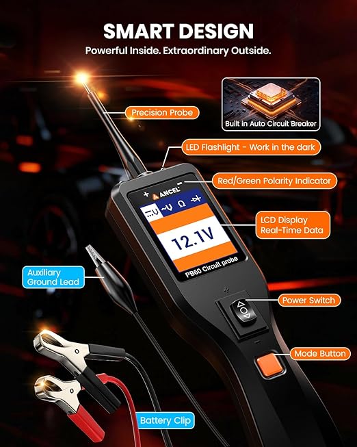 ANCEL PB60 Power Circuit Probe Tester, 12-24V Power Circuit Probe Tool, All-in-One Electrical System Probe with Component Activation, Short Finder, Digital Multimeter Ohmmeter for Cars Trucks RVs ﻿﻿