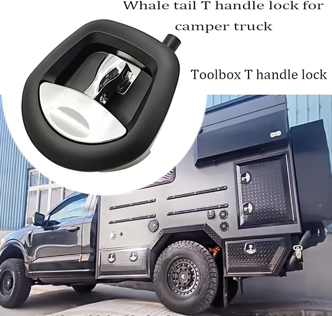 Truck Tool Box Latch Replacement, Zinc Alloy Whale Tail Toolbox Locks Paddle Lock Replacement T Handle with Keys for Truck, RV, Motorhome,Trailer Box (Black and Silver)