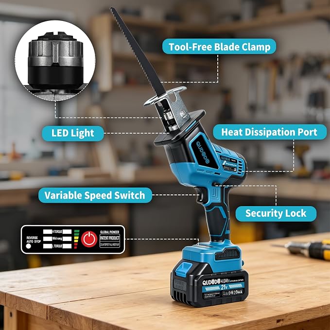 Mini Reciprocating Saw, 21V 3 Variable Speed, 0-3500 Brushless Motor Cordless Powered Saw with 2x4.0Ah Battery, Tool-Free Blade Change, LED Work Light, Hand Recíproca for Woods/Metal/Plastic
