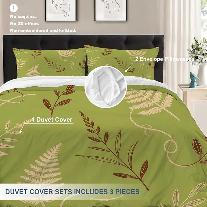 Batmerry Green Brown Branch Leaves Full Size 100% Cotton Duvet Cover Sets, Minimalist Plant Illustration Bedding Set with Zipper Closure Corner Ties, 3 Pieces (1 Cover + 2 Pillowcases No Comforter)