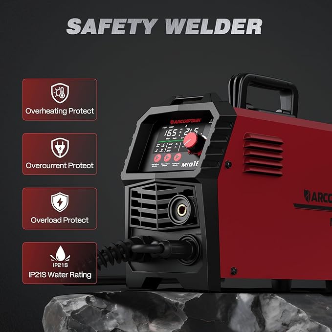 ARCCAPTAIN 165A MIG Welder 110V/220V [Large LED Display] 4 in 1 Gasless/Gas MIG/Lift TIG/Stick Welding Machine Multiprocess Welder Machine, IGBT Inverter Welder with Synergy, 2T/4T