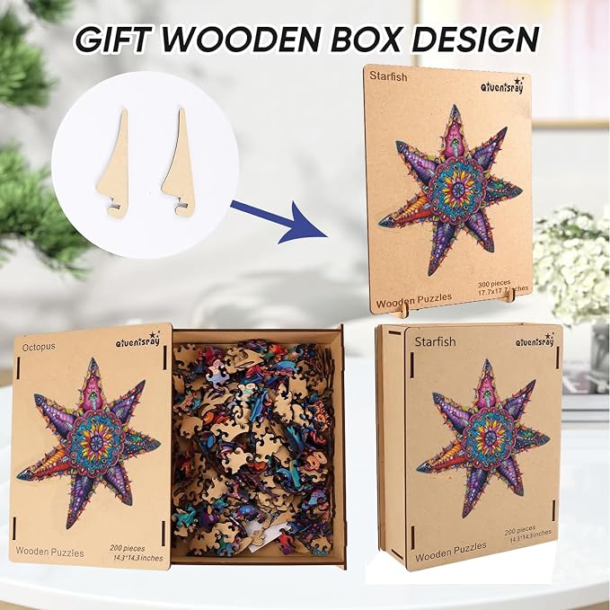 Qiuenisray Wooden Puzzles for Adults, Starfish Ocean Jigsaw Puzzles | 200 Pieces, FSC Certified Unique Shape Animal Adult Puzzles, Unique Wood Puzzle, Best Gift for Family Game 14.3x14.3 in