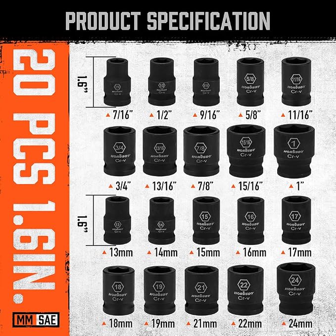 HORUSDY 1/2" Drive Shallow Impact Socket Set, 24-Piece SAE (7/16"-1") and Metric (13-24mm), 6 Point, Cr-V, Includes 1/2-Inch Drive Ratchet Handle, Drive Extension Bar