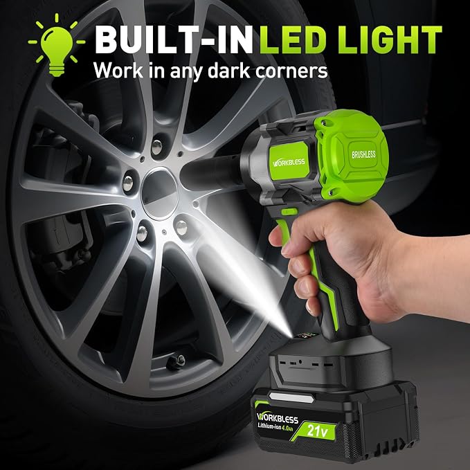 Cordless Impact Wrench 1/2" 630Ft-lbs(850N.m) with 21V Battery | High Torque Impact Driver,4.0Ah Battery Electric Brushless Impact Gun for Car/Heavy Truck/Pickup,3-Speed,4 Socket,LED Light