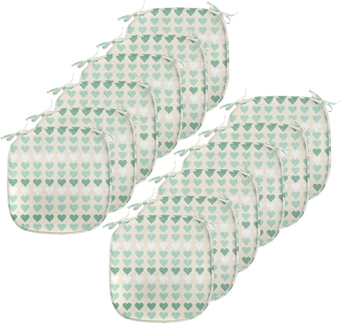 Lunarable Aquamarine Chair Seating Cushion Set of 12, Romantic Pattern with Heart Shapes in Rows, Anti-Slip Seat Padding for Kitchen & Patio, 16"x16", Champagne Laurel Green