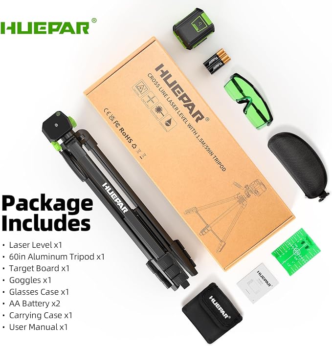 Laser Level with 60in Tripod, HUEPAR 98Ft Self Leveling Laser Level Green Line Laser Cross Line Laser Leveler Tool for Picture Hanging, Home Renovation, Indoor Project, Battery&Carrying Bag Included