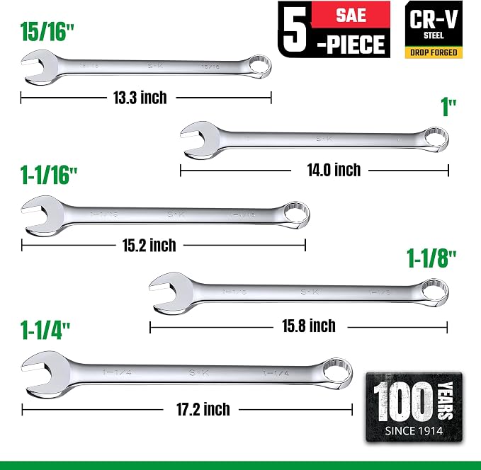 SK Long Pattern Combination Wrench Set, SAE 15/16" to 1-1/4", 5-Piece | SuperKrome Finish, Drop Forged Premium CR-V Steel, 12-Point Large Wrenches, 15-Degree Offset, with Rolling Pouch